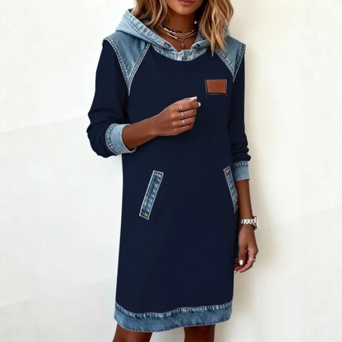 Hooded Faux Denim Patchwork Long Sleeve Sweatshirt Dress