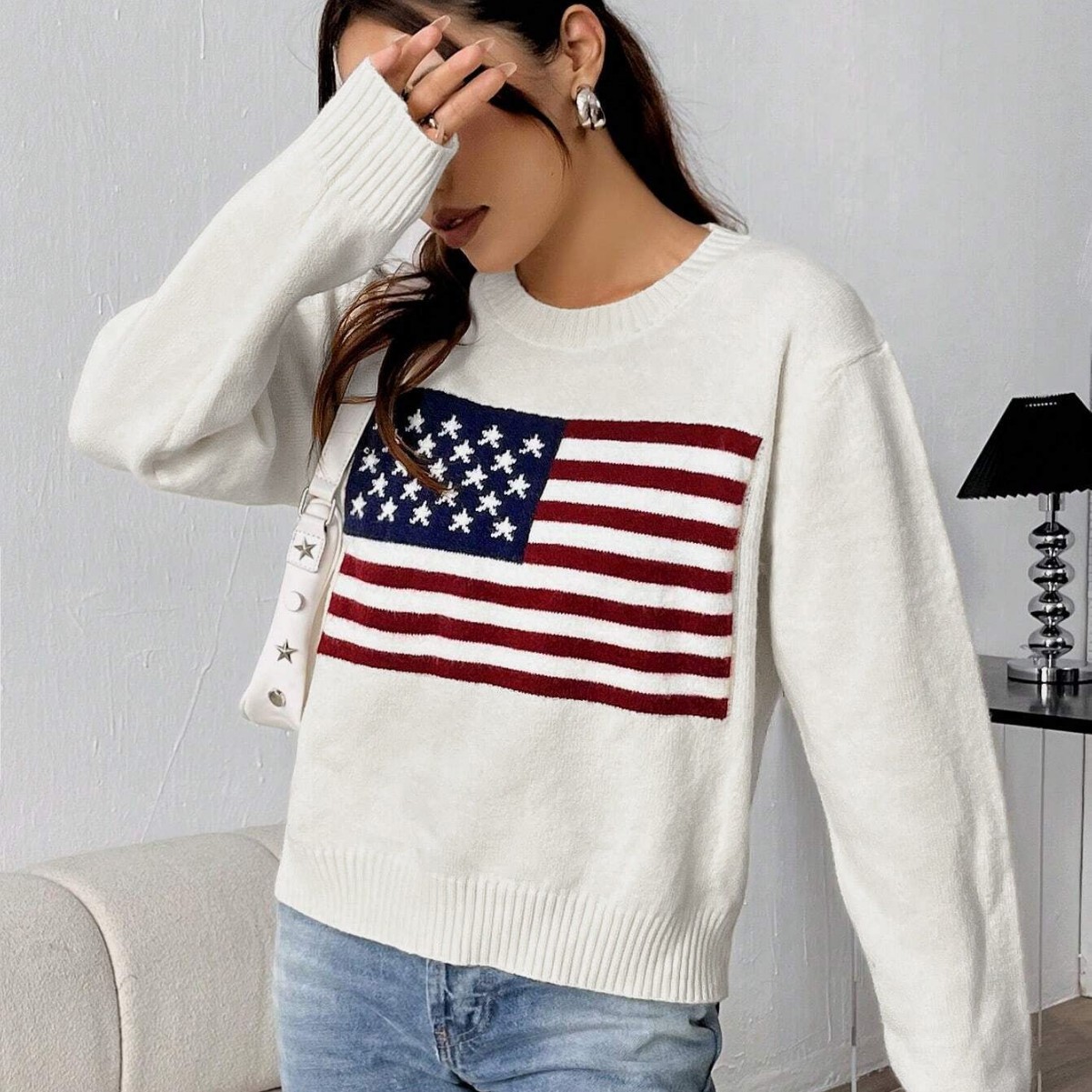 American Flag Crewneck Pullover Knit Sweater