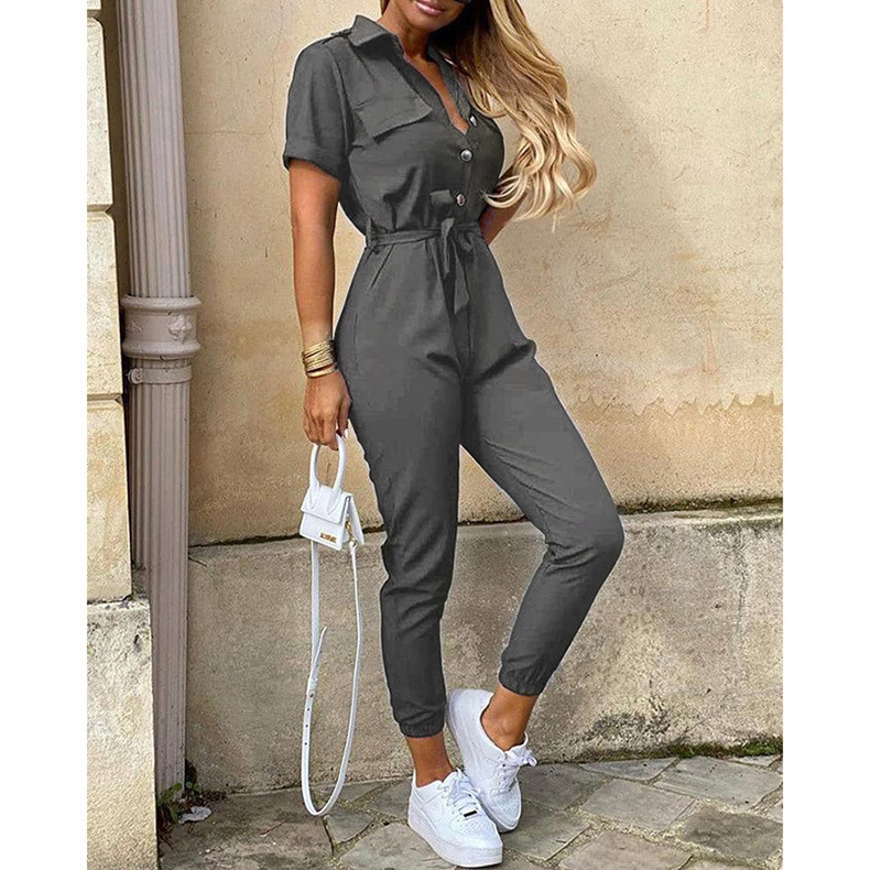 Women's Short Sleeve Button-Front Printed Cargo Jumpsuit