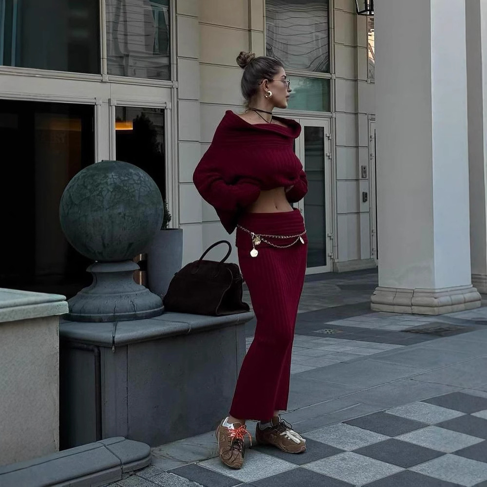 Off-Shoulder Slimming Loose Solid Knit Sweater Two-Piece Long Sleeve Set