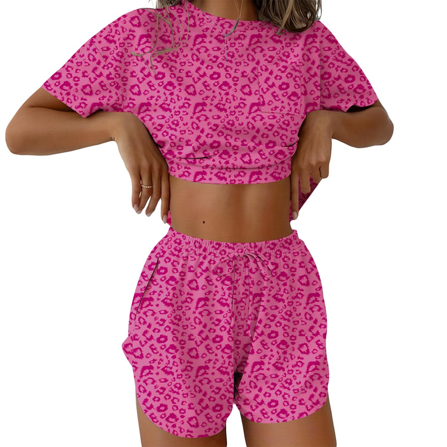 Women's Printed Leopard Stripe Short Sleeve Shorts Pajama Set
