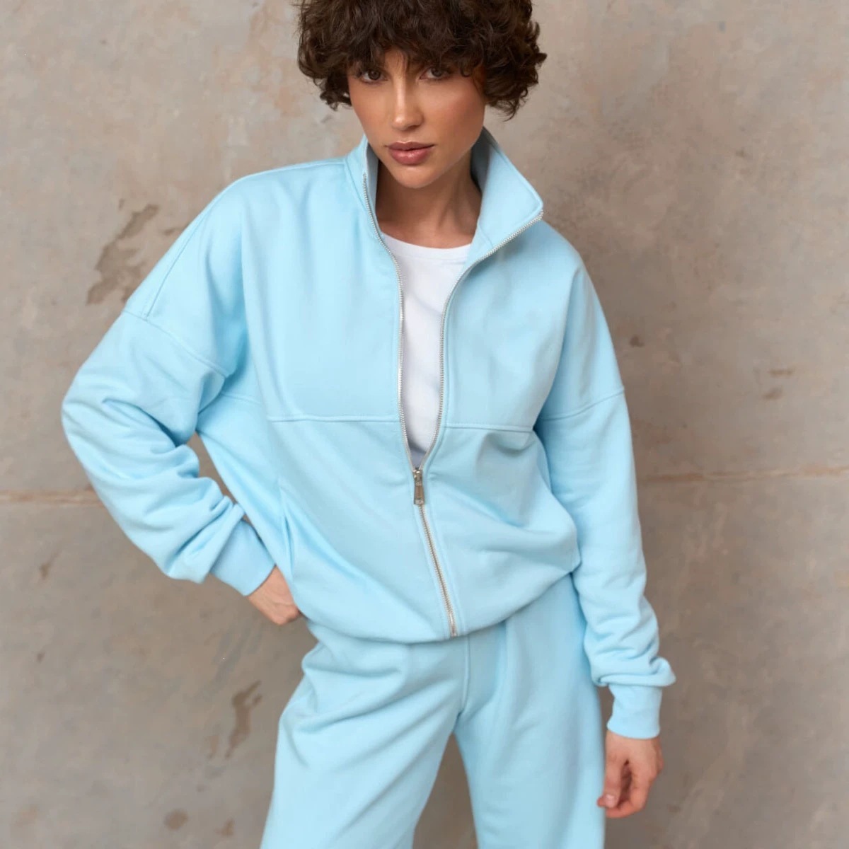 Stand Collar Zip Hoodie & Wide-Leg Sweatpants Set