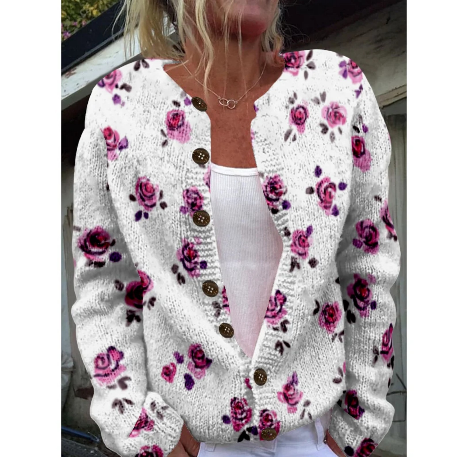 Women's Floral Print Button-Down Cardigan Sweater