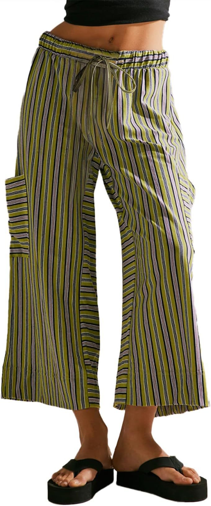 Striped Straight-Leg Drawstring Wide-Leg Beach Pants for Women