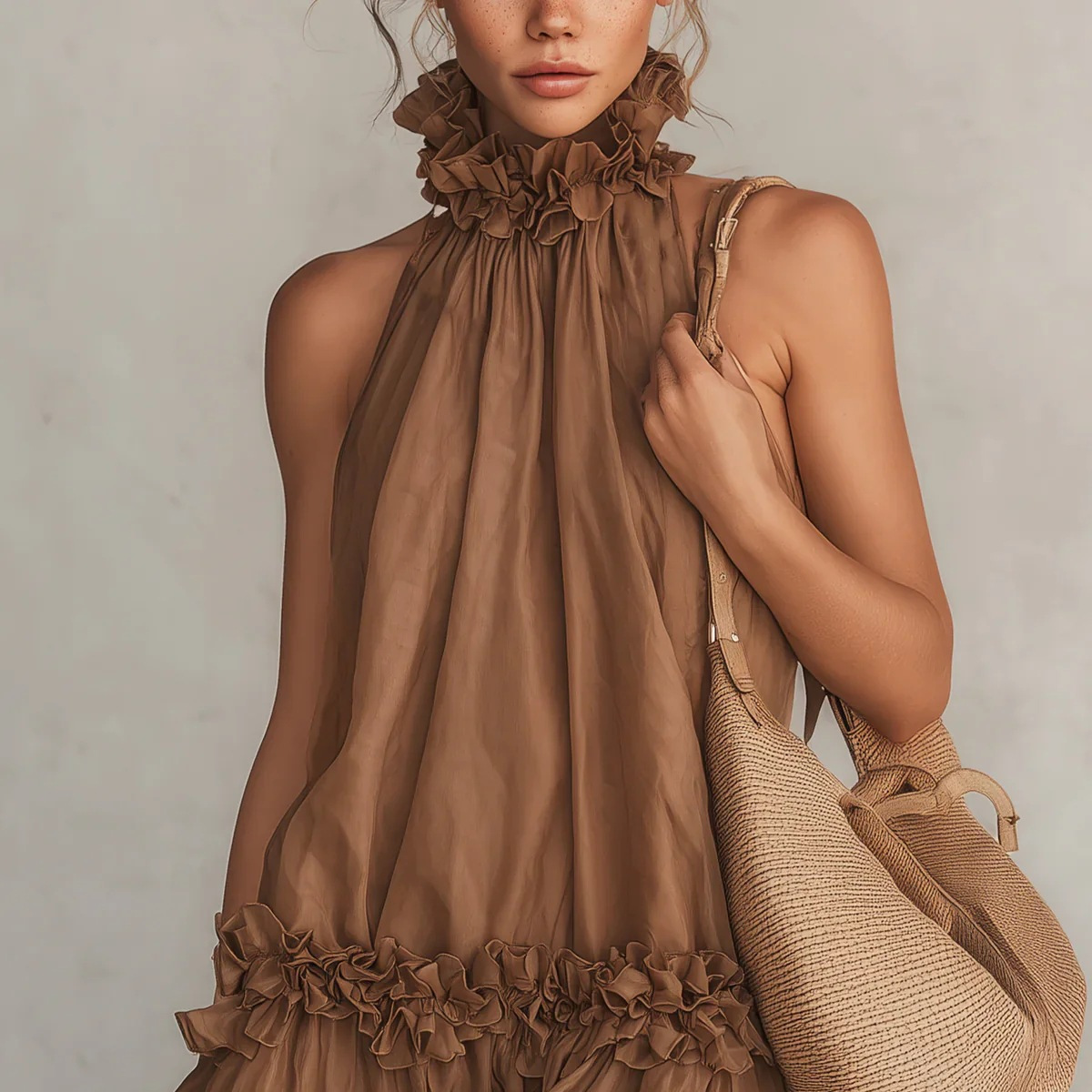 Women's Vintage High Neck Ruffle Chiffon Dress Lightweight Flowy Short Dress
