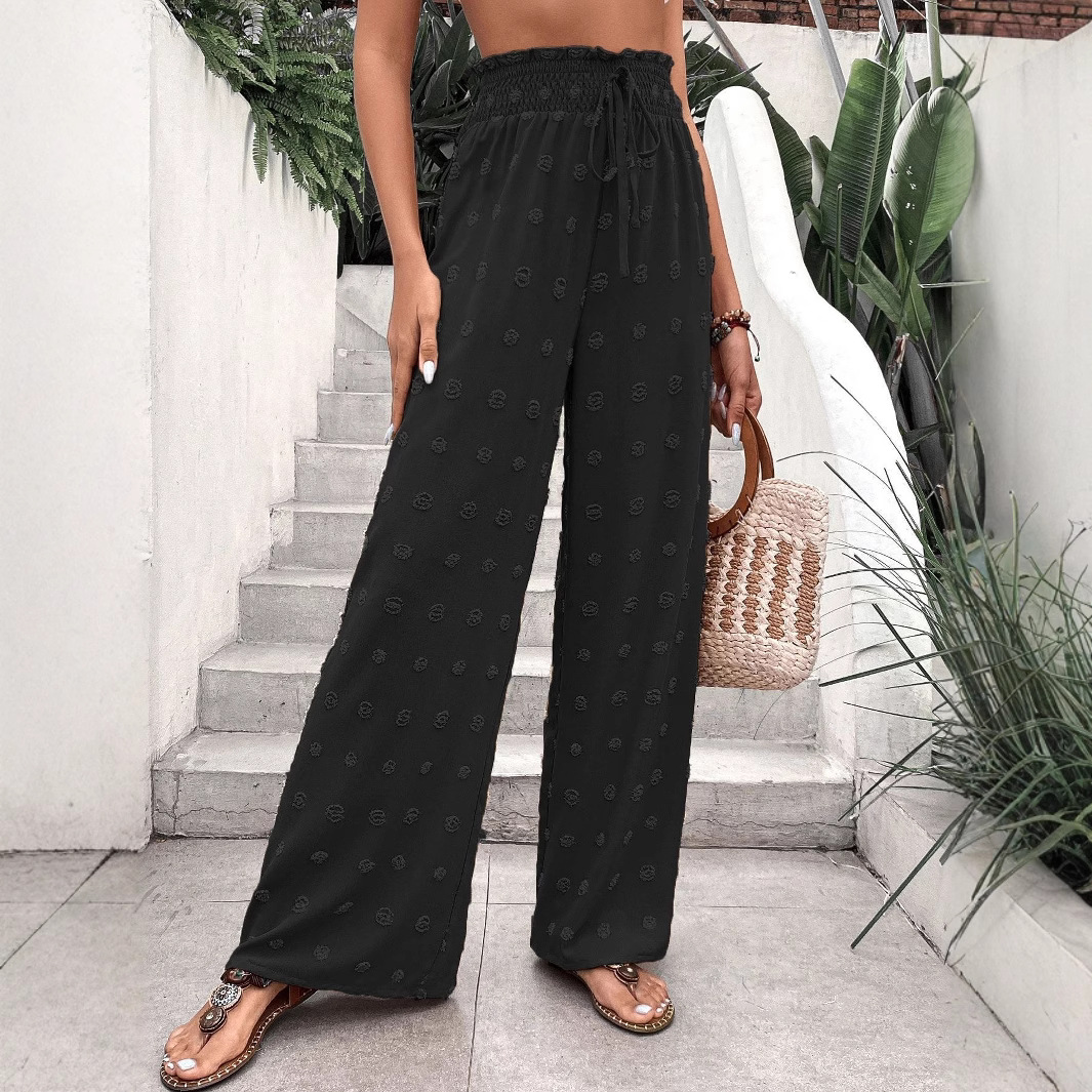 Black Jacquard Wide-Leg Pants High Waist Drawstring Loose Casual