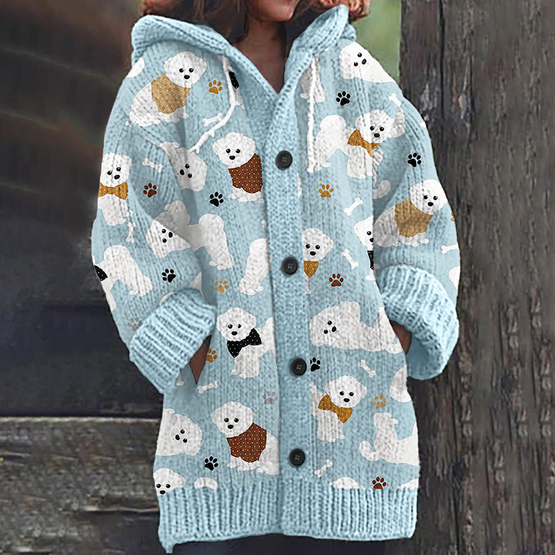 Women's Floral Ghost Print Hooded Button Cardigan Sweater