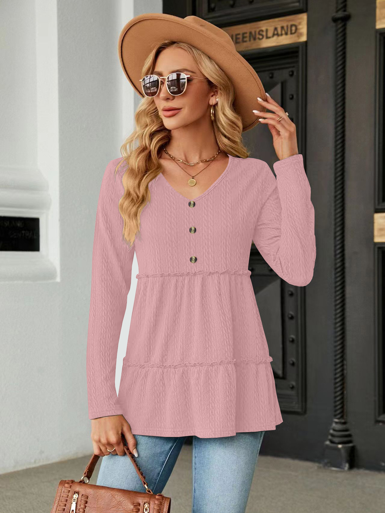 Solid V-Neck Button-Detail Loose Long-Sleeve T-Shirt