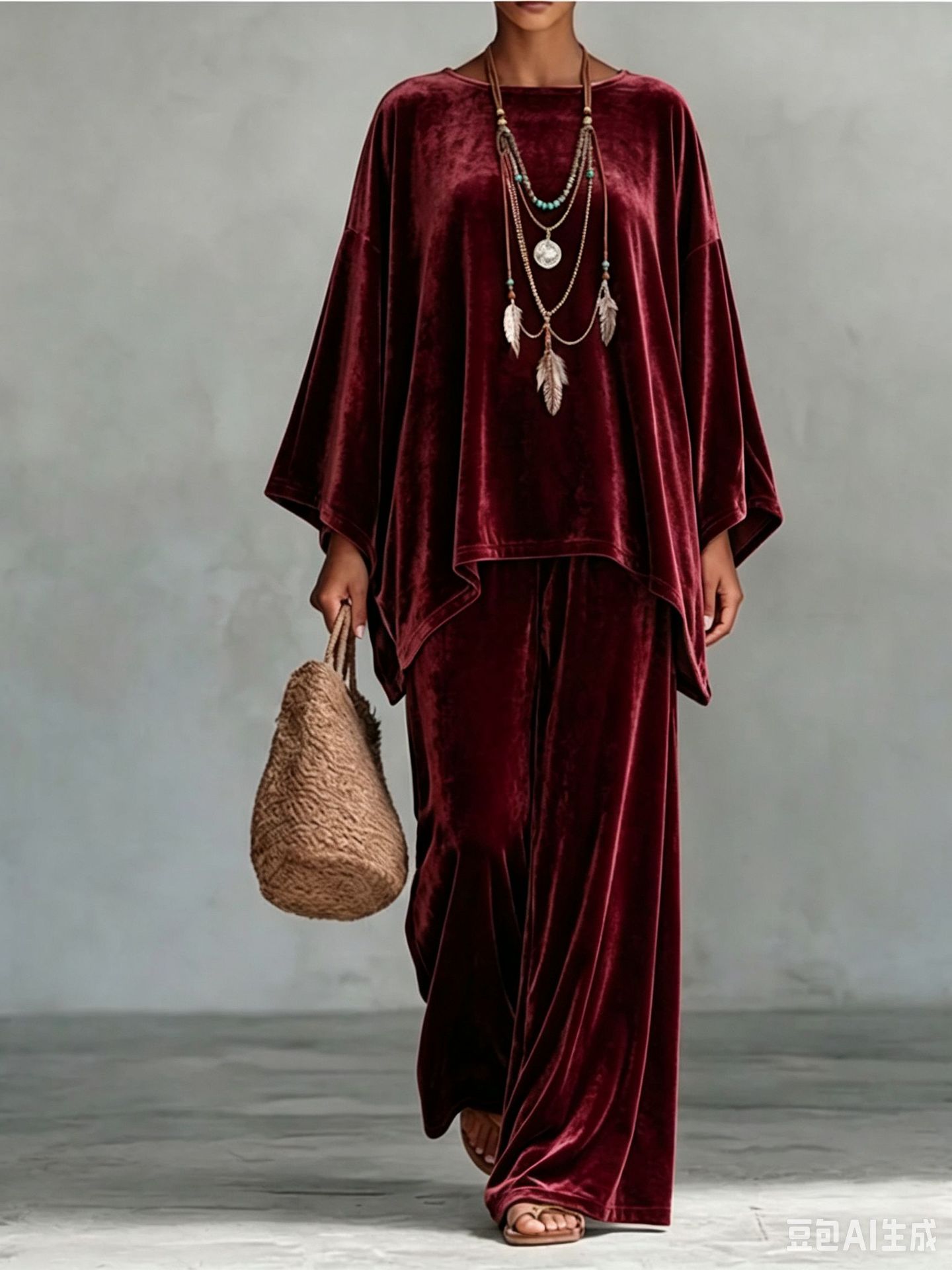 Velvet Round Neck Long Sleeve Loose Top & Wide Leg Pants Set