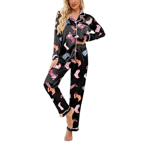 Women's Cuban Collar Starry Animal Boot Print Long Sleeve Shirt Set