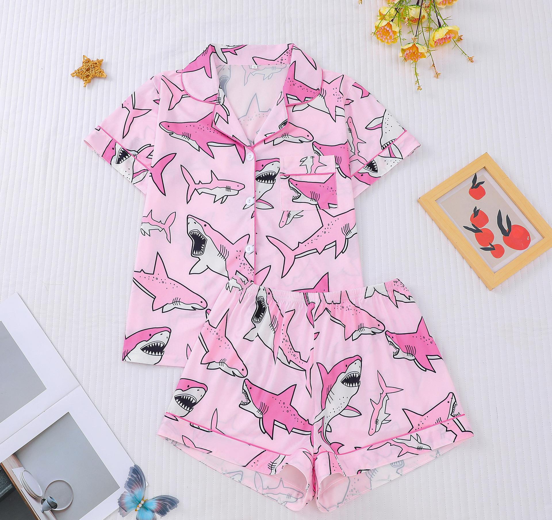 Women's Cuban Collar Shark Print Short Sleeve Shirt Set