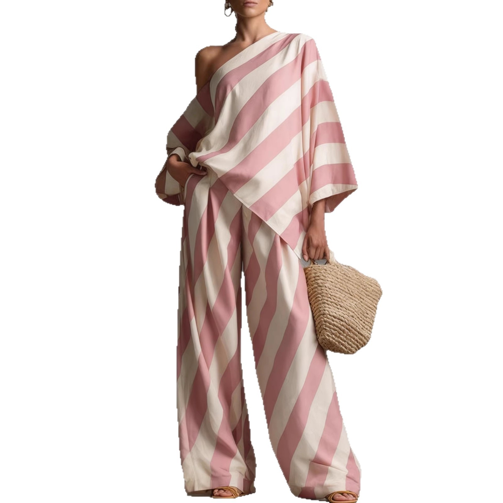 Retro Striped Print Top and Wide-Leg Pants Two-Piece Set