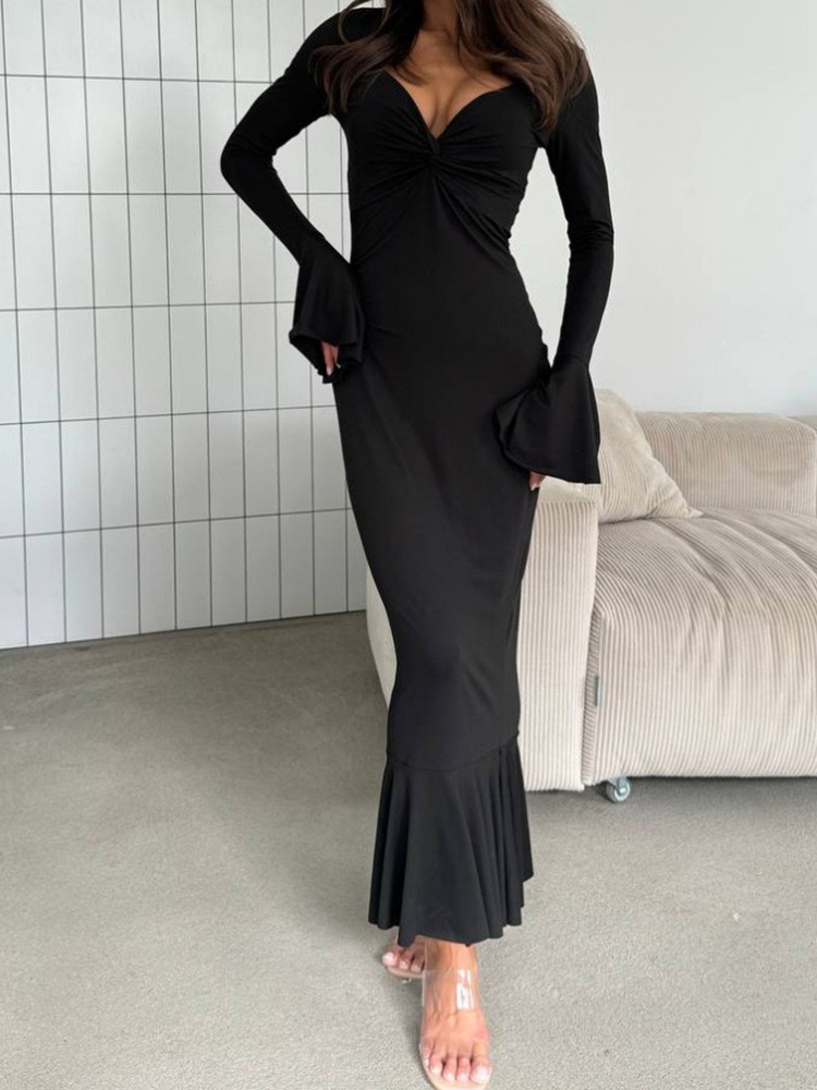 Sexy V-Neck Twist Ruffle Long Sleeve Bodycon Dress