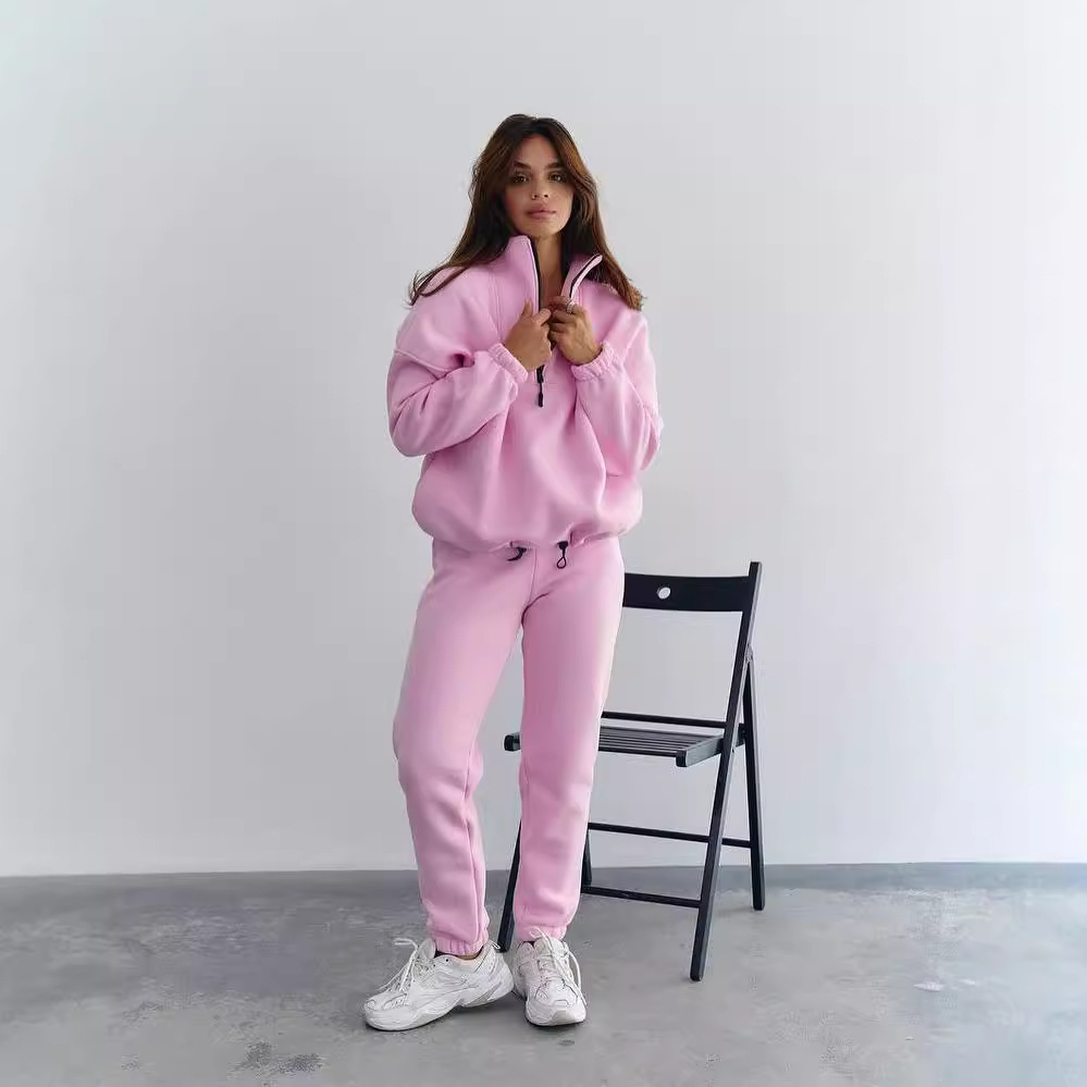 Women's Stand Collar Zip Two-Piece Sweatsuit Set Solid Color