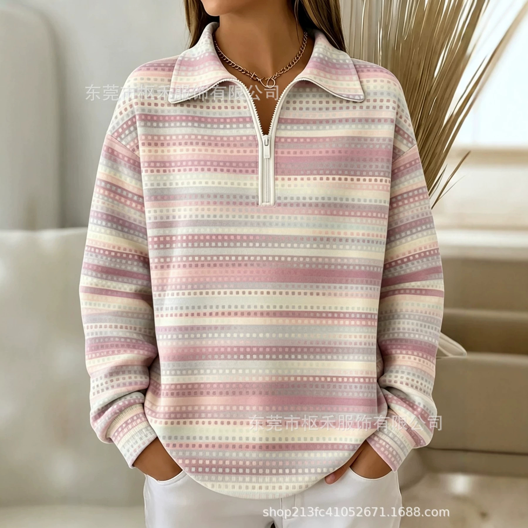 Striped Marker Print Half-Zip Hoodie with Collar