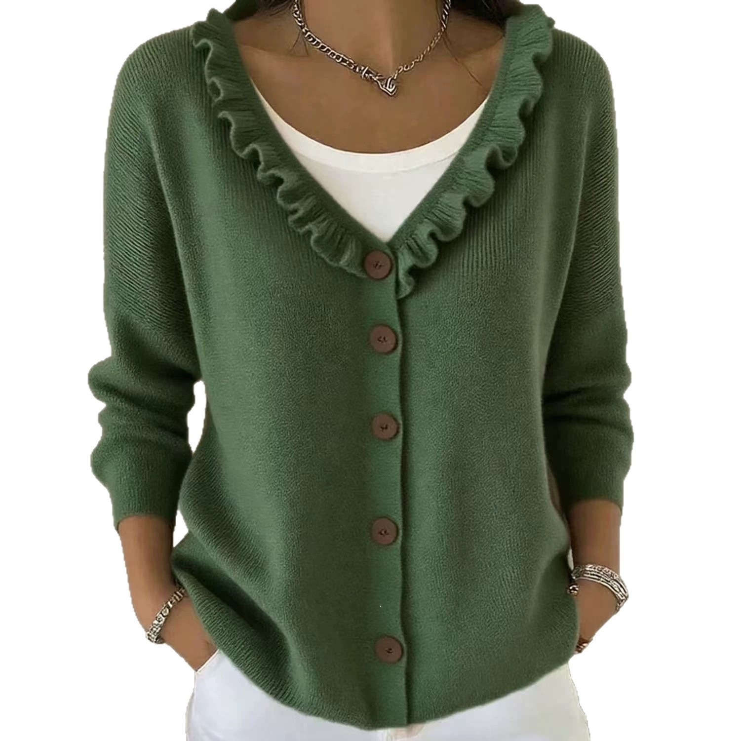 Ruffled Knit Cardigan Single-Breasted Loose Fit Sweater Coat for Women