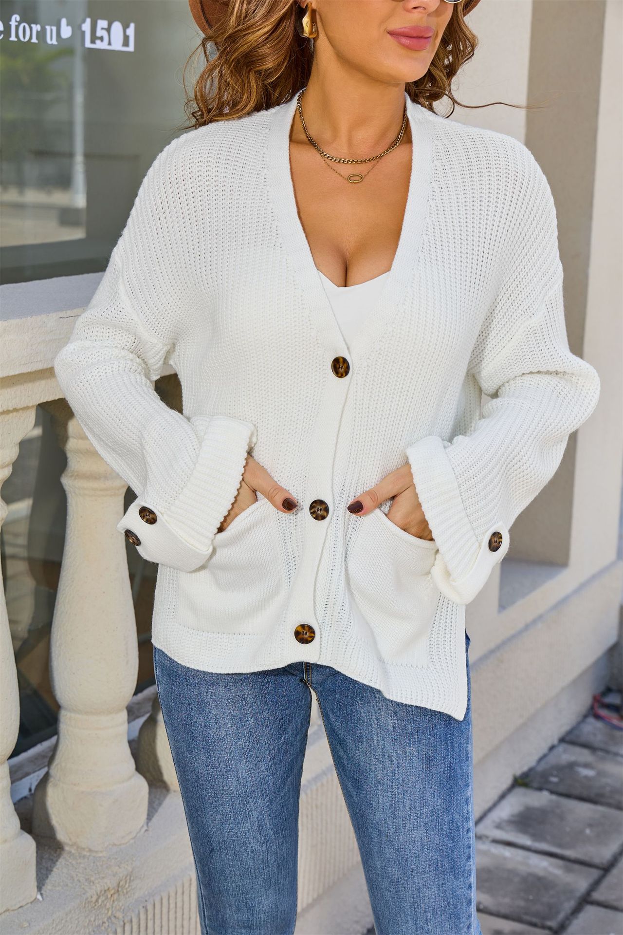 V-Neck Knit Cardigan Loose Sweater with Pockets Long Sleeve