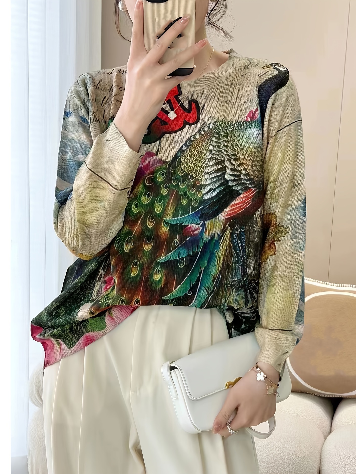 Elegant Butterfly Print Knit Pullover Sweater Long Sleeve Crew Neck Color Block