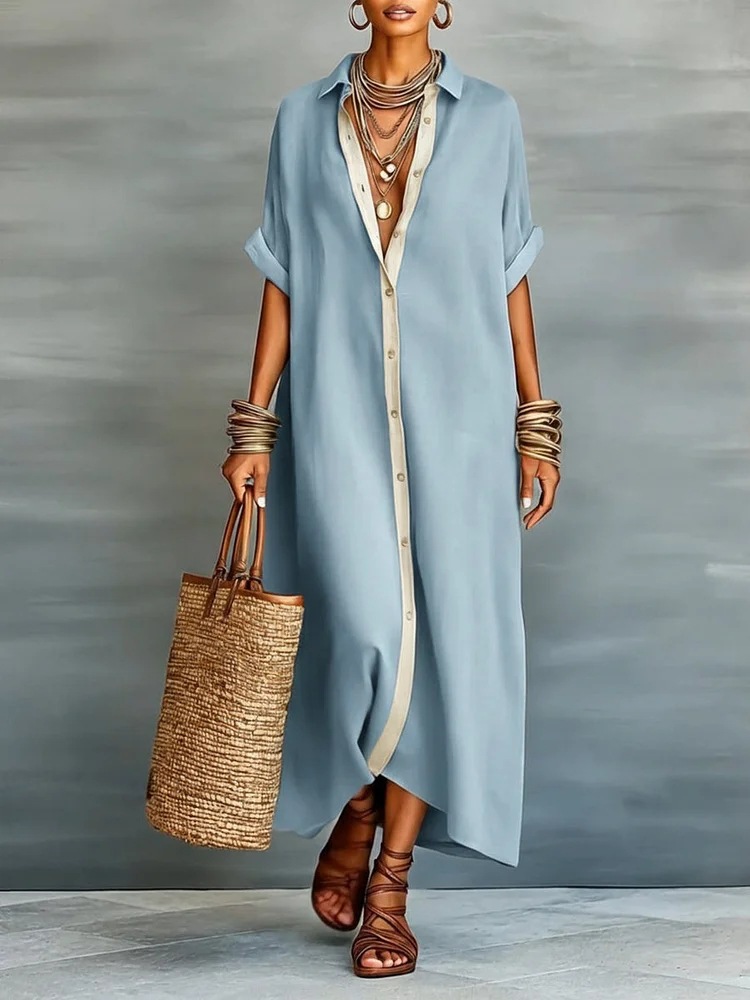 Elegant Button Contrast Collar Cotton-Linen Shirt Dress