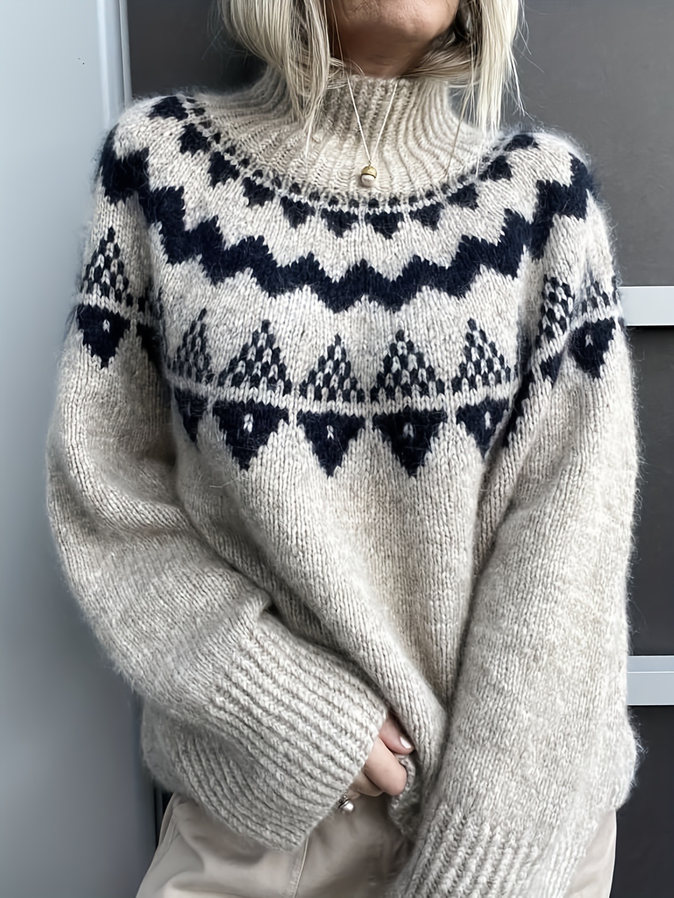 Women's Retro Jacquard Pullover Knit Sweater Loose Fit Turtleneck