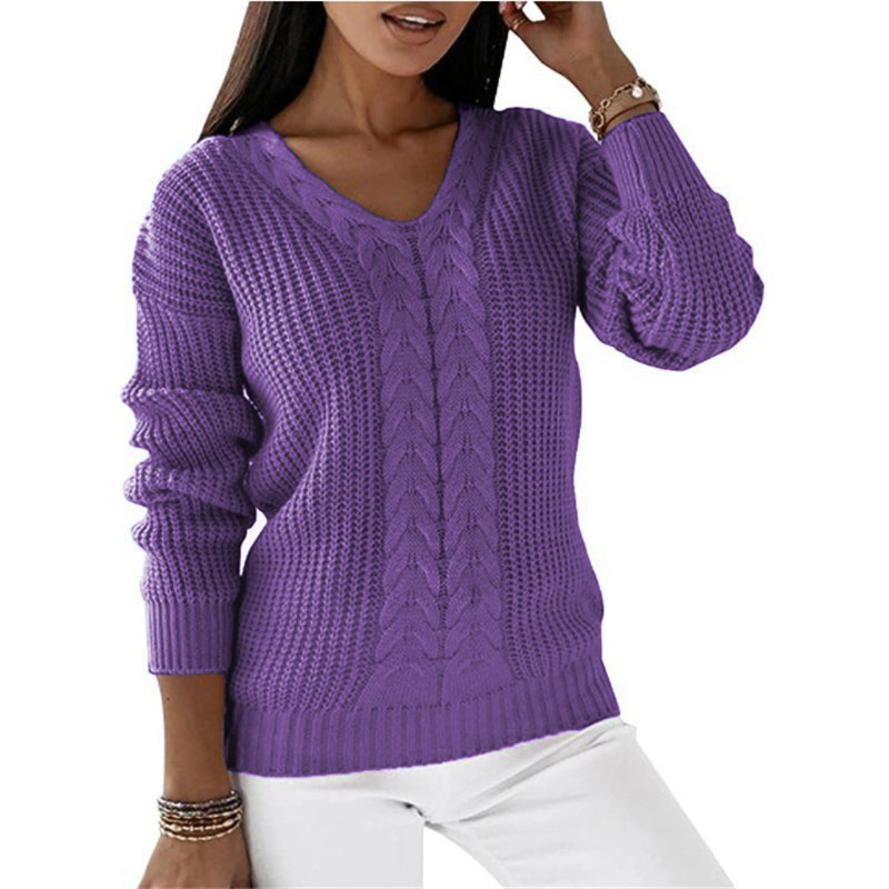 Women's V-Neck Cable Knit Pullover Sweater Long Sleeve Solid Color