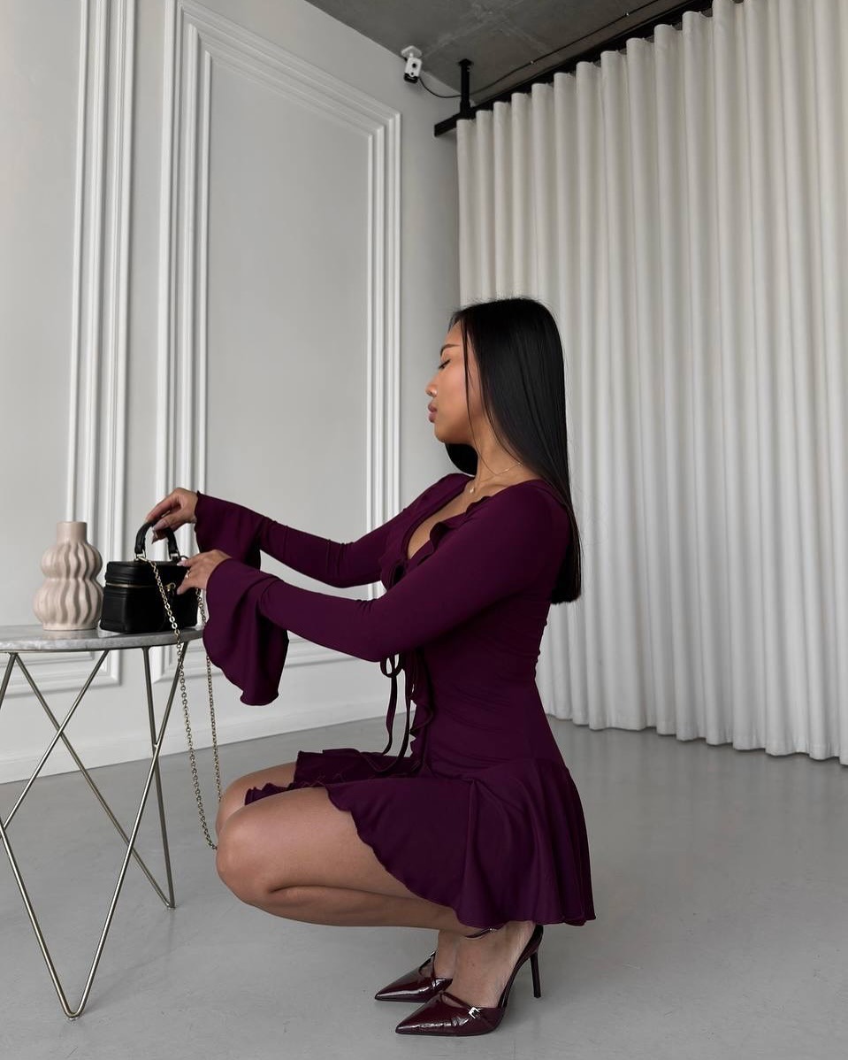 Women's Sexy Slim Fit Ruffle Long Sleeve Tie Dress