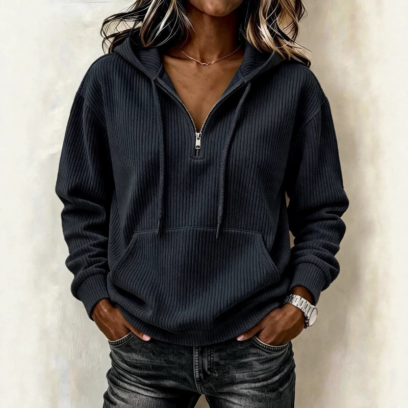 Women's Corduroy Striped Zip-Up Hoodie Retro Casual Long Sleeve