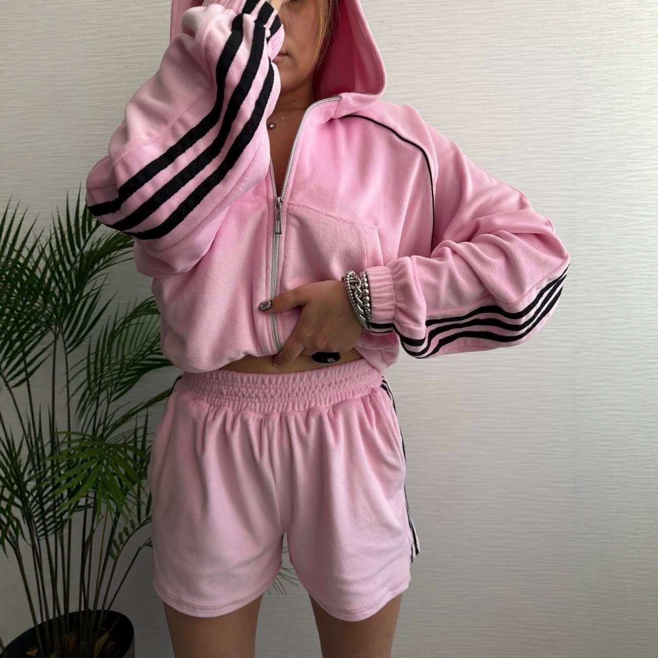 Velvet Color-Block Striped Zip Cardigan & Elastic Shorts Set