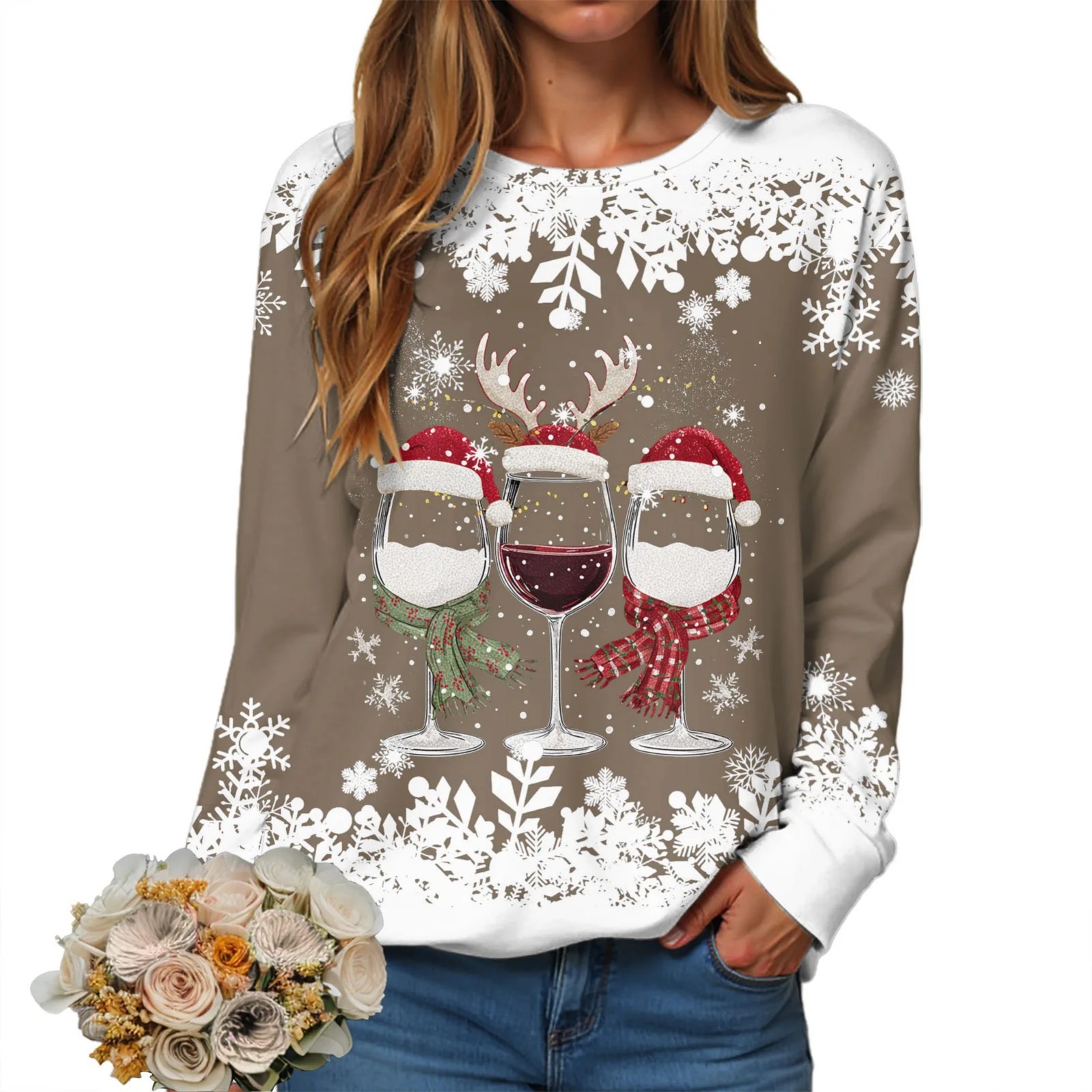 Women's Christmas Hat Wine Glass Snowflake Print Crewneck Sweatshirt