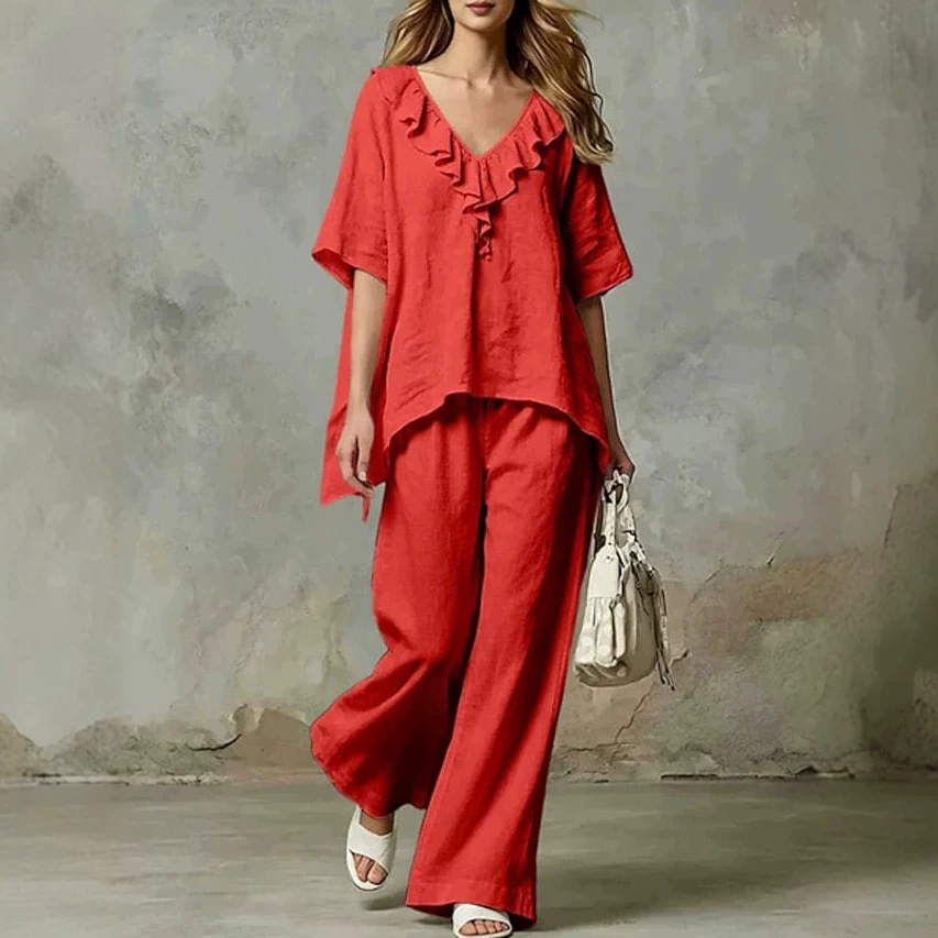 Women's V-Neck Loose Cotton Blend T-Shirt and Pants Set Casual Two-Piece Outfit