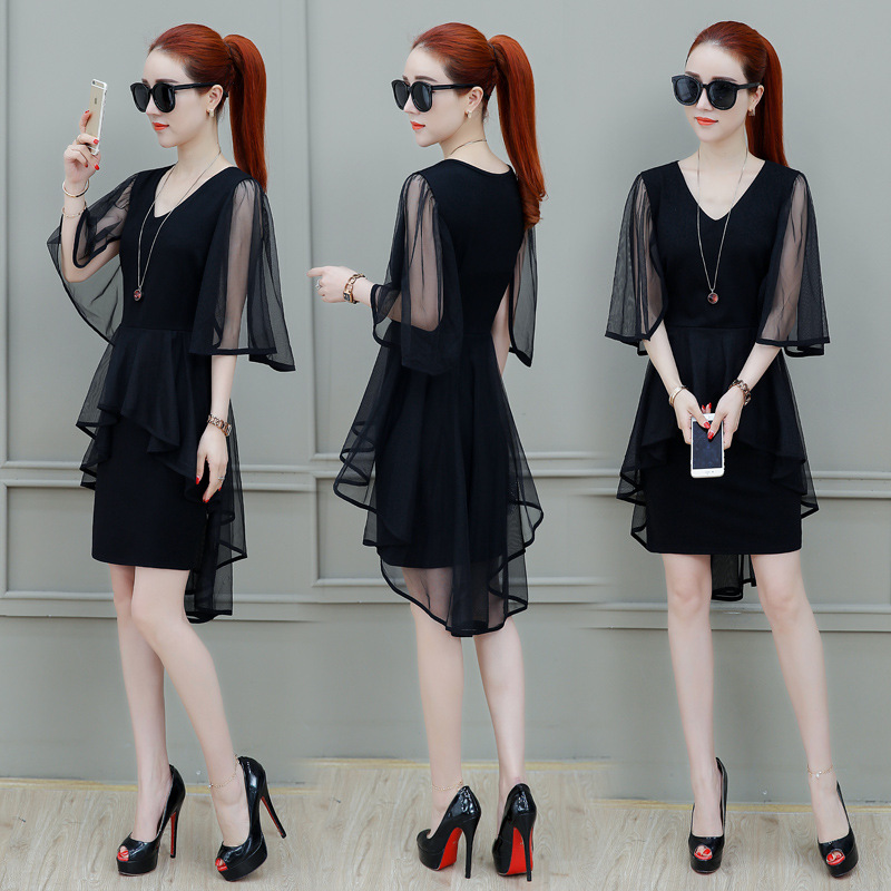 French Chiffon Dress Women's Summer V-Neck A-Line Midi Dress with Mesh Panels