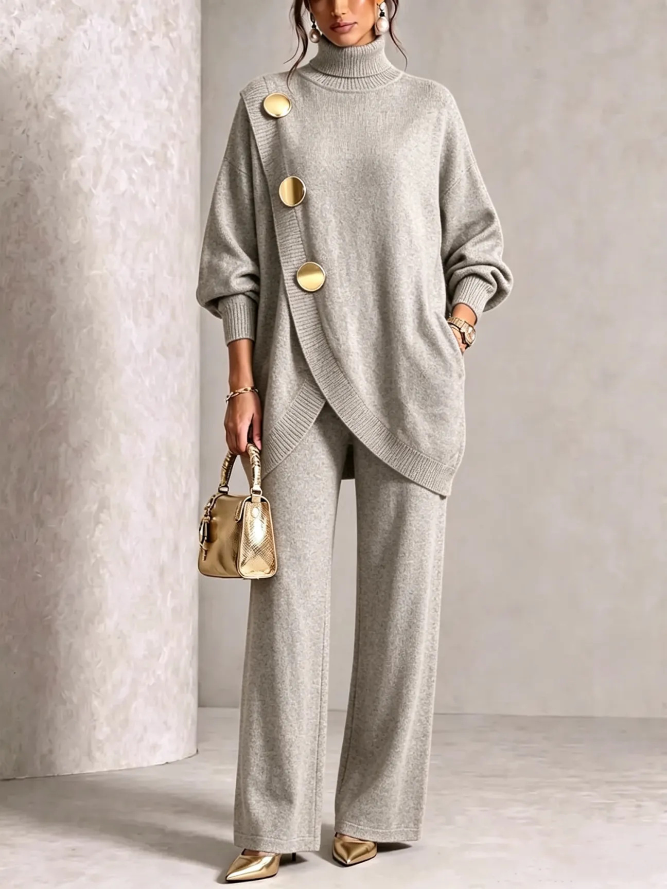 Women's Solid Color Loose Knit Asymmetric Button Two-Piece Set
