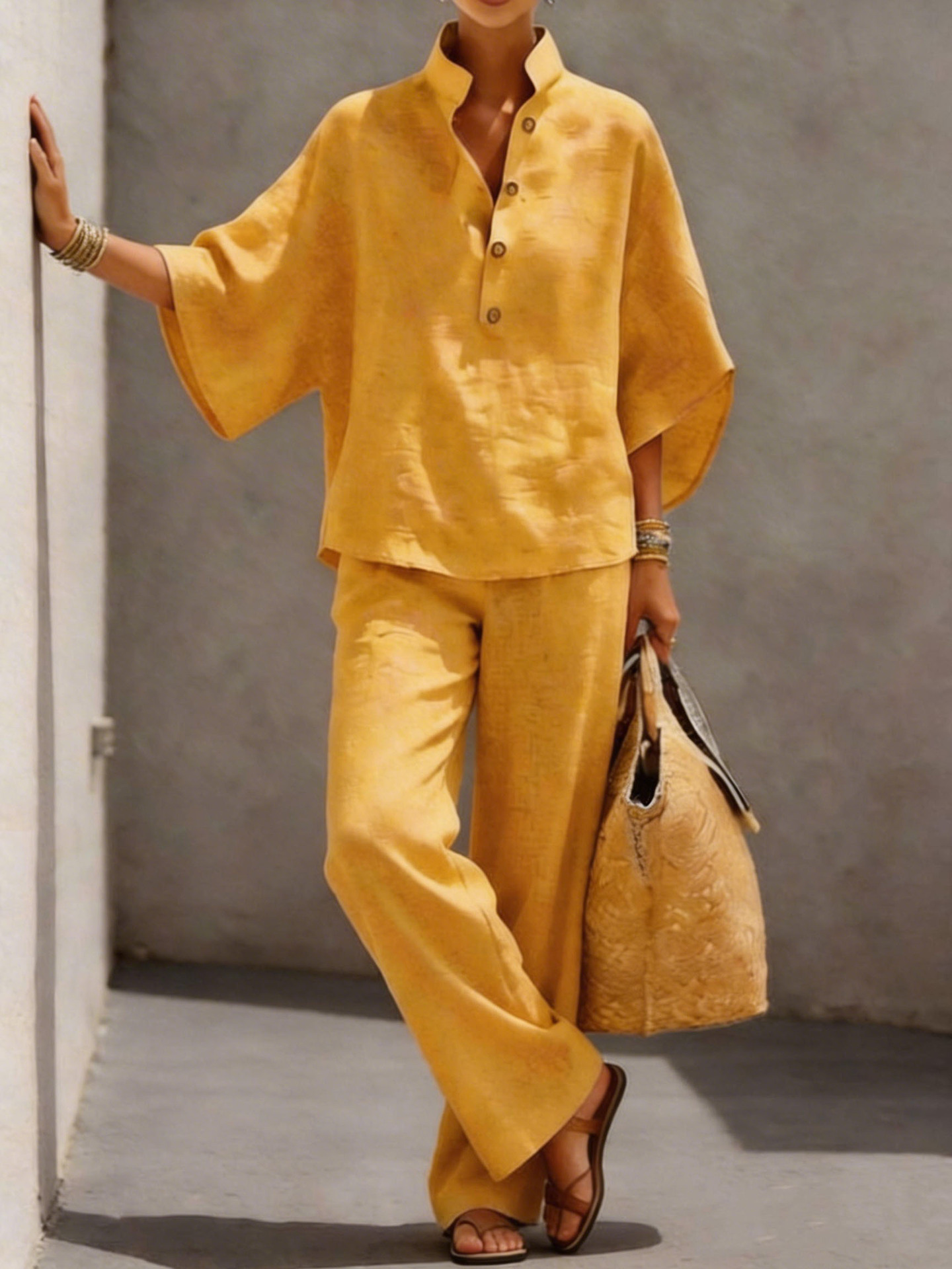 Women's Cotton-Blend Shirt and Pants Two-Piece Set