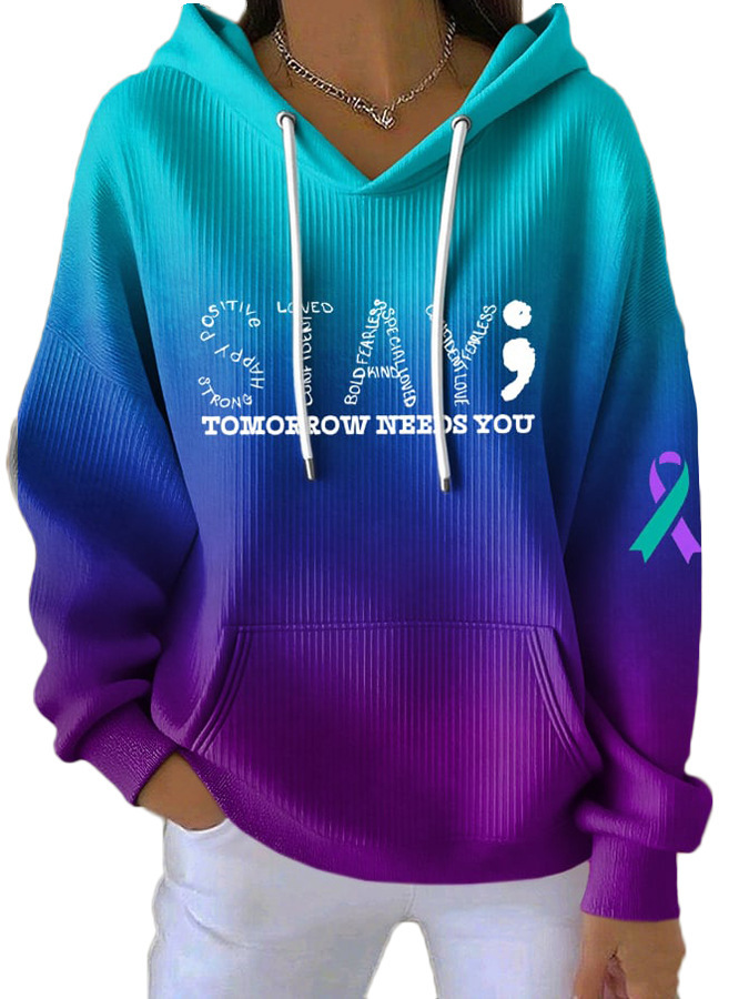 Hooded Long-Sleeve Striped Cartoon Print Sweatshirt for Women