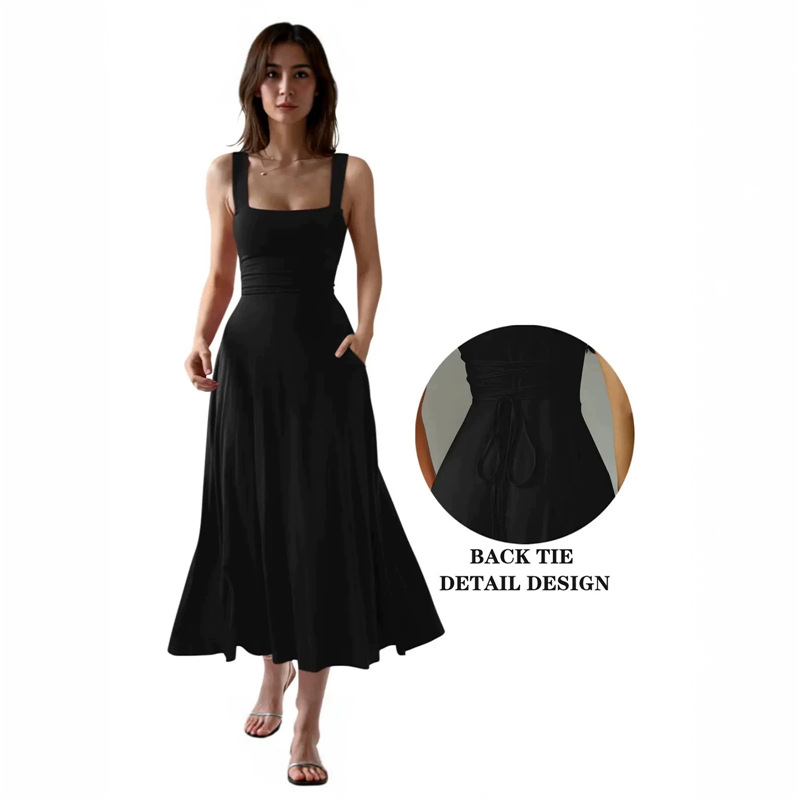 Women's Wide Strap Square Neck A-Line Midi Dress with Adjustable Waist