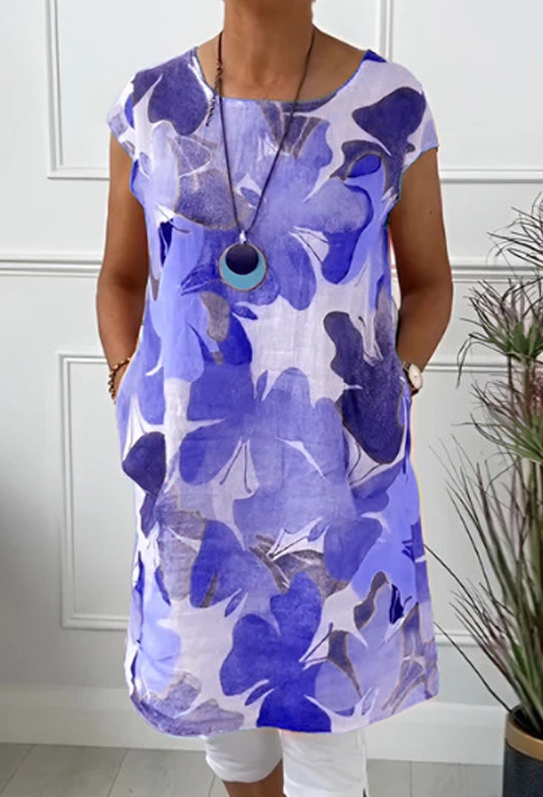 Floral Print Round Neck Loose Dress with Pockets