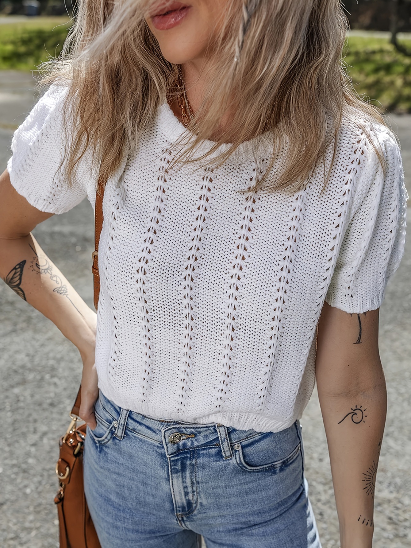 Sweet French Round Neck Hollow Out Knit Short Sleeve Top