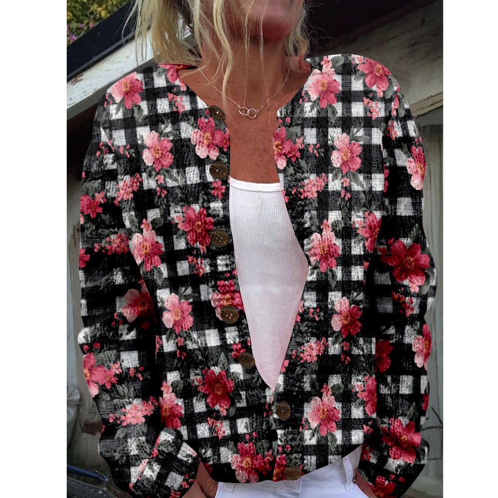Women's Plaid Floral Print Button-Down Cardigan Sweater
