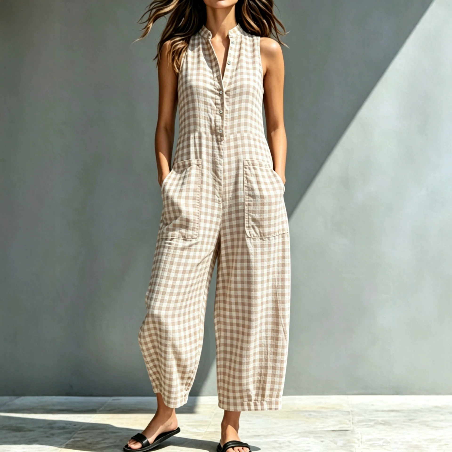 Women's Sleeveless Stand Collar Pocket Jumpsuit