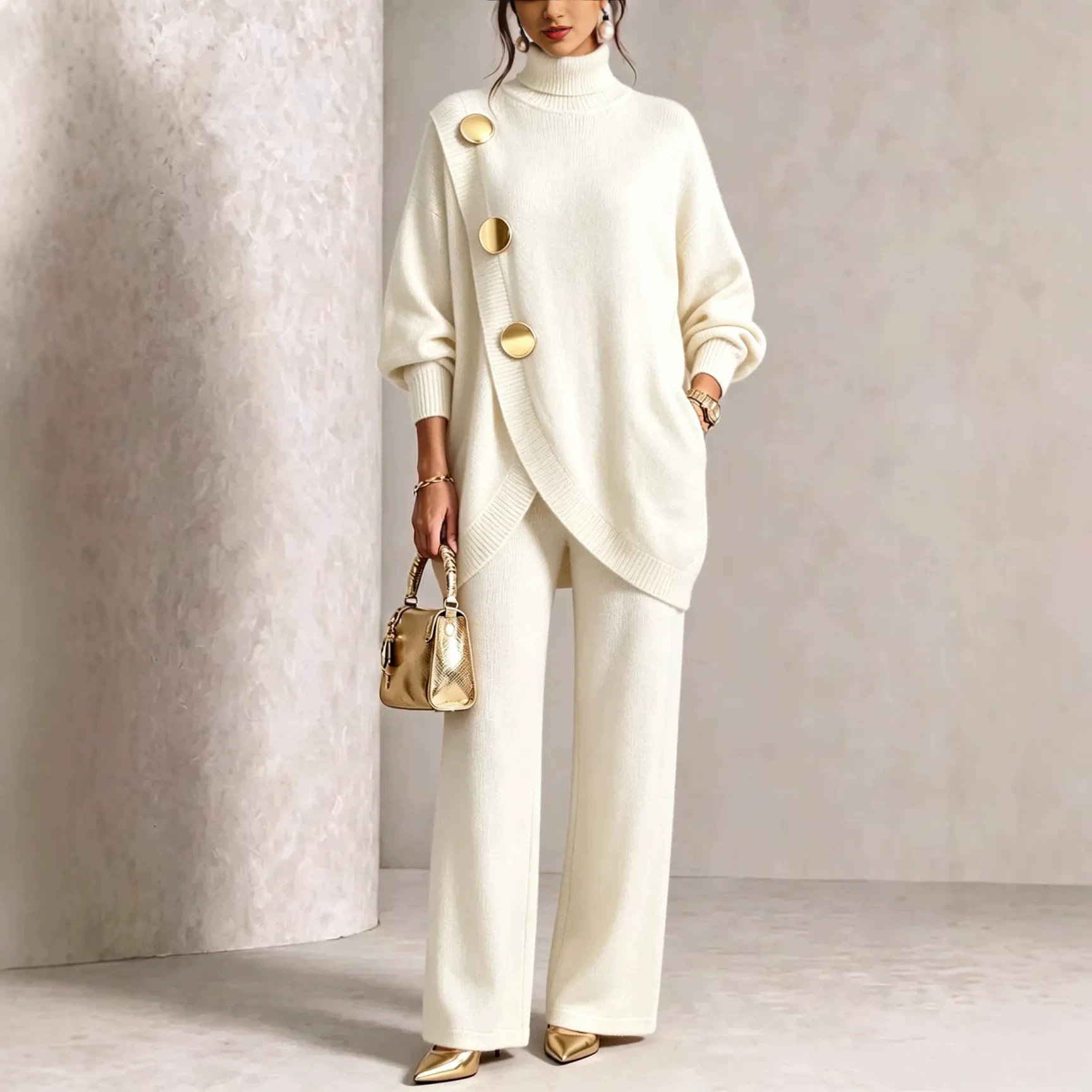 Women's Solid Knit Asymmetric Button Two-Piece Set