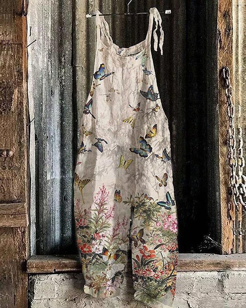 Women's Vintage Floral Print Sleeveless Jumpsuit Casual Tie-Waist