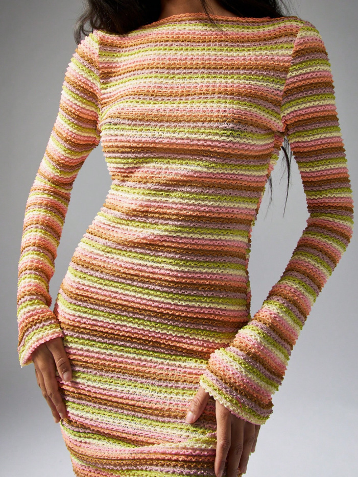 Striped Crochet Long Sleeve Backless Bodycon Dress