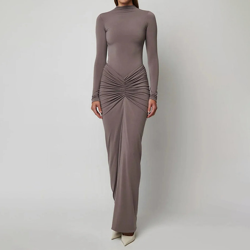 Women's Elegant Solid Pleated Slim Long Dress