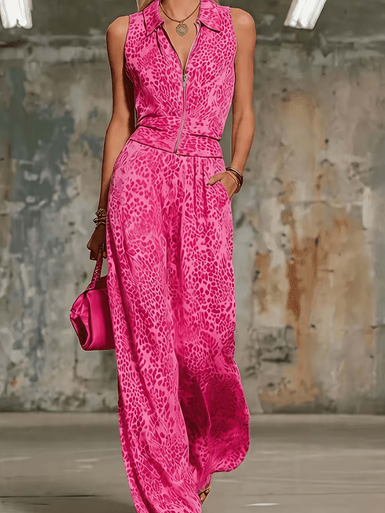 Retro Elegant Leopard Print Lapel Sleeveless Chiffon Top and Wide-Leg Pants Set