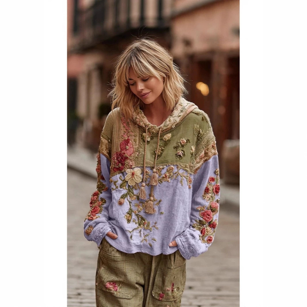 Japanese Cherry Blossom Print Loose Crewneck Sweatshirt