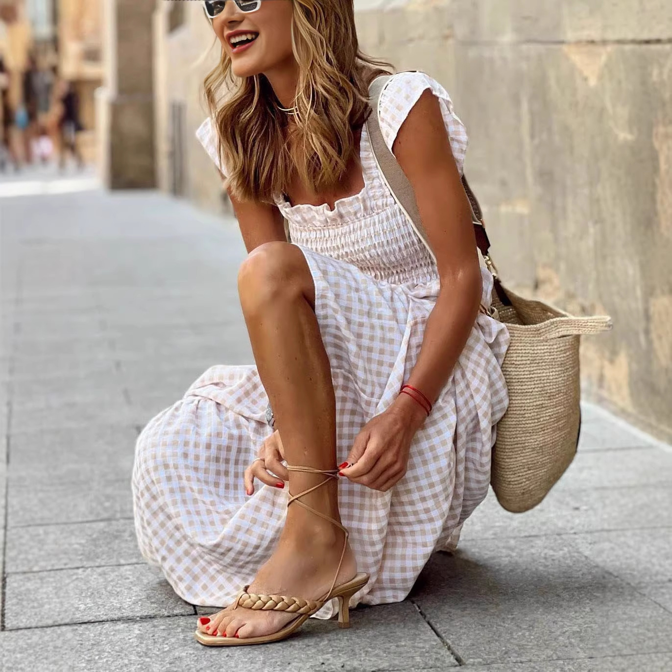 Square Neck Plaid Smocked Maxi Dress