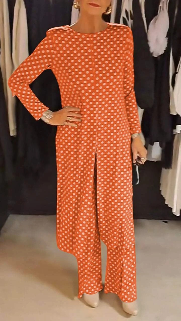 Polka Dot Round Neck Slim Fit Slit Long Top & Pants Set