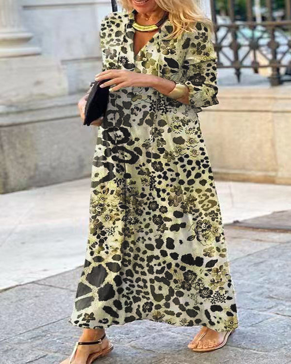 Leopard Print V-Neck Long Sleeve Pullover Shirt Dress