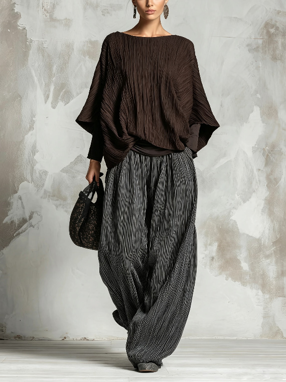 Women's Pleated Batwing Sleeve Top & Wide-Leg Pants Two-Piece Set