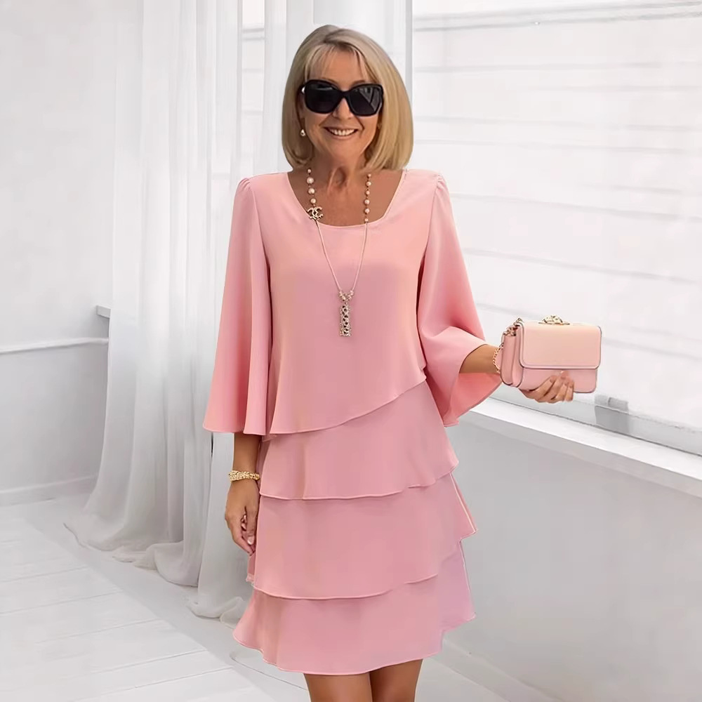 Women's Tiered Cake Dress Round Neck Loose Fit Midi Dress